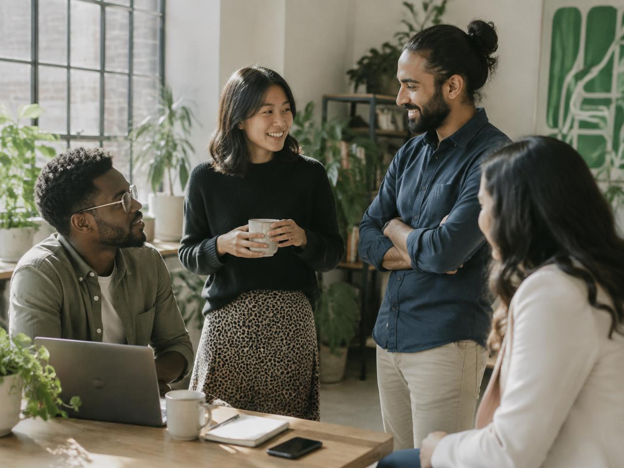 Colleagues talking together in a bright, plant-filled coworking space