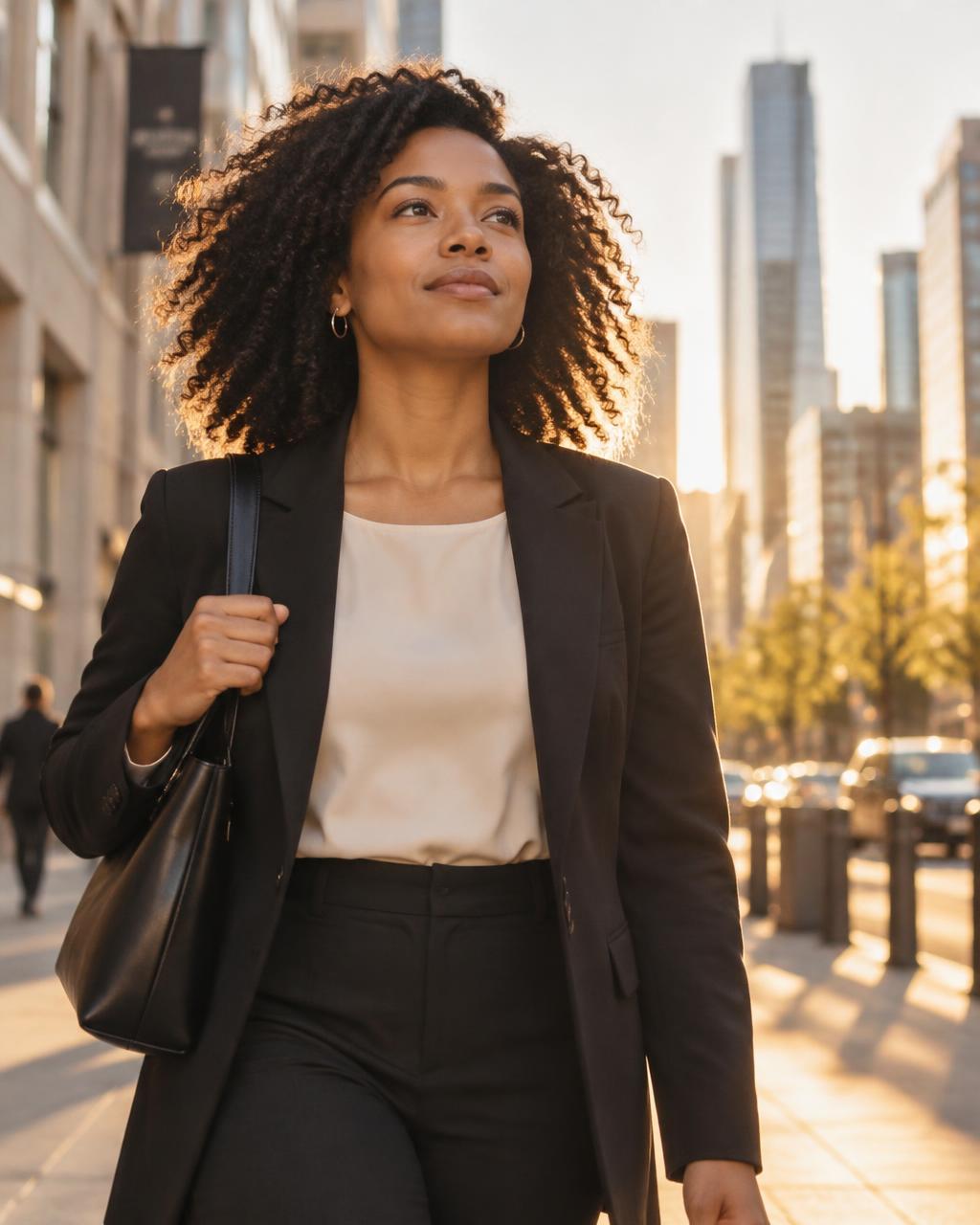 A young professional walking through a sunlit city street, looking ahead
